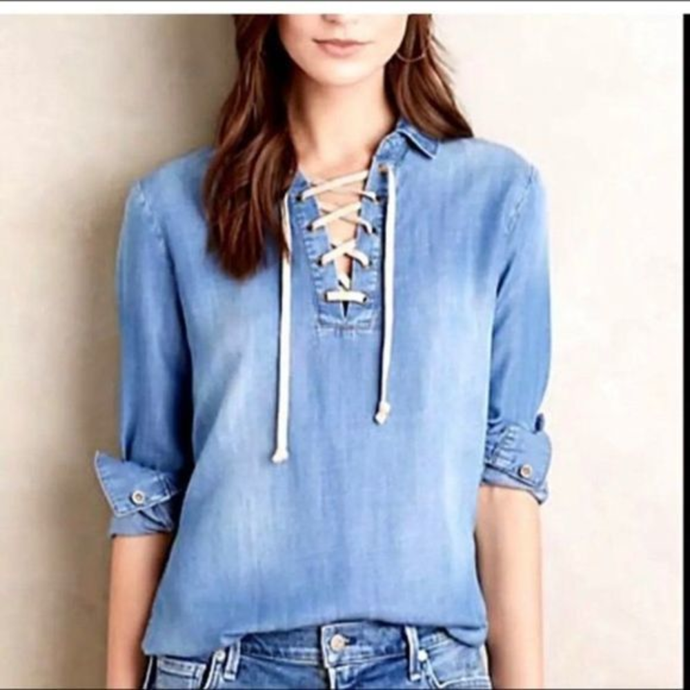 Cloth &‎ Stone Lace Up Chambray Tunic Collared Top